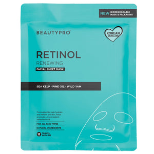 BEAUTYPRO Retinol Renewing Facial Sheet Mask packaging on a white background