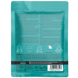 Teal skincare mask packaging with text and icons on a white background