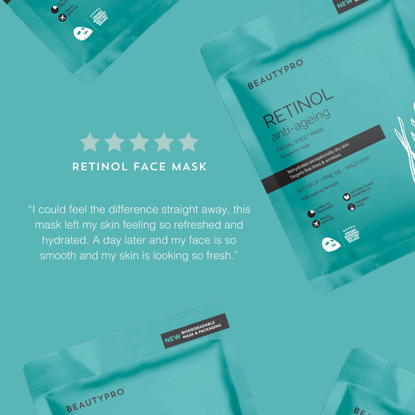 BEAUTYPRO Retinol face mask packaging on a teal background with customer review text.