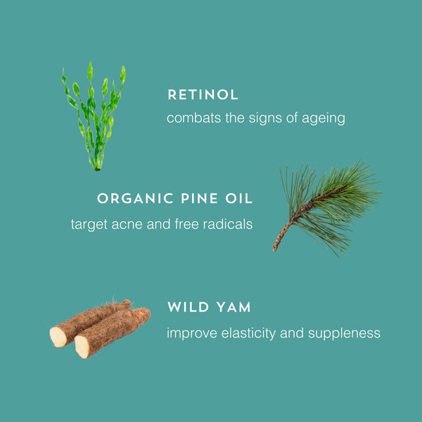 Three natural ingredients with their benefits on a teal background
