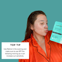 Woman applying skincare product with a green background and text overlay