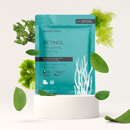 BEAUTYPRO Retinol anti-ageing facial sheet mask packaging with green leaves on a white background