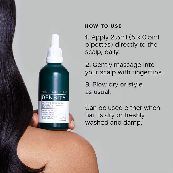 Bottle of Philip Kingsley Density product held by a person with text on how to use it.