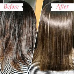 Before and after hair transformation comparison showing a person's shoulder-length brown hair with highlighted sections, with 'Before' on the left and 'After' on the right.