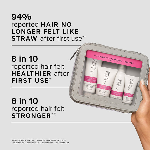 A hand holds a zippered cosmetic pouch containing three white tubes of Elviere Paris Elastication Effect Discovery Collection hair extension products. The background is light gray with large promotional text about reported hair health after first use.