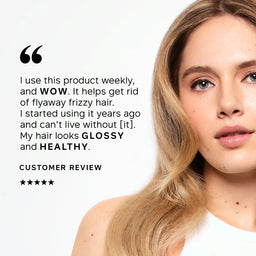 A close-up of a woman with long, glossy blonde hair on the right, next to a customer review quote on the left that praises the product for reducing flyaway and adding healthy shine.