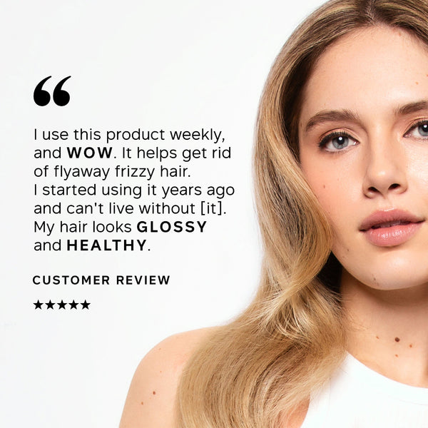 A close-up of a woman with long, glossy blonde hair on the right, next to a customer review quote on the left that praises the product for reducing flyaway and adding healthy shine.