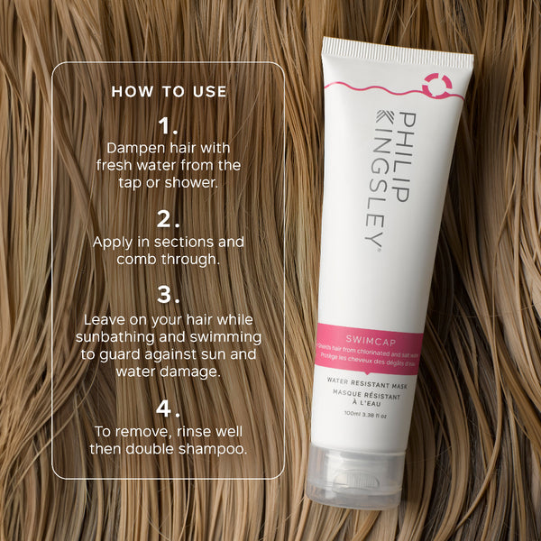 Tube of Philip Kingsley product with instructions on how to use it against sun and water damage.