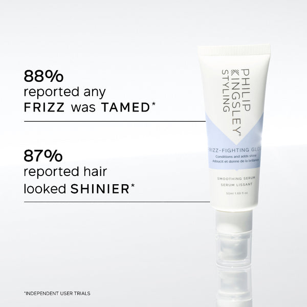 Philips Styley Frizz-Fighting Gloss smoothing serum in a white squeeze tube with a light blue accent band, shown on a light gray background with promotional text about reported hair shine and fragrance.