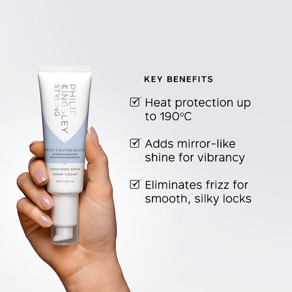 A hand holds a white and light blue tube of Philip & Angel Silking Freeze Fighting Gloves against a light gray background, with key benefits listed on the right.
