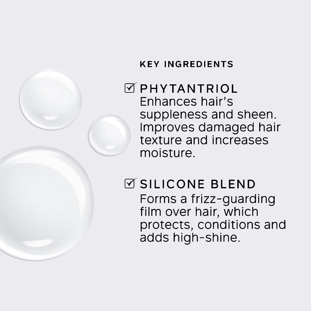 A light gray informational graphic with three translucent droplets on the left and text on the right reading 'KEY INGREDIENTS' and 'PHYTANTRIOL' and 'SILICONE BLEND' with brief descriptions.