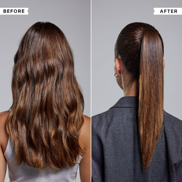 Before and after comparison of a woman with long hair styled into a ponytail.