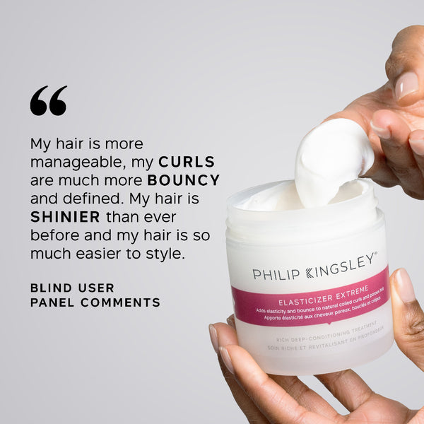 Hand holding a Philip Kingsley product with user comments on hair improvement.