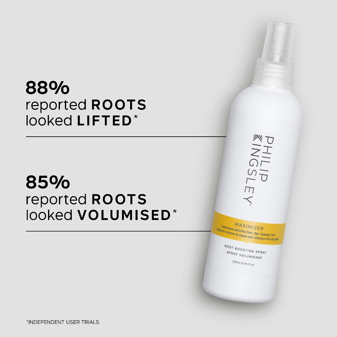 Philip Kingsley Maximizer Body Boosting Spray bottle on a light gray background with promotional text highlighting reported roots lifted and volumised.