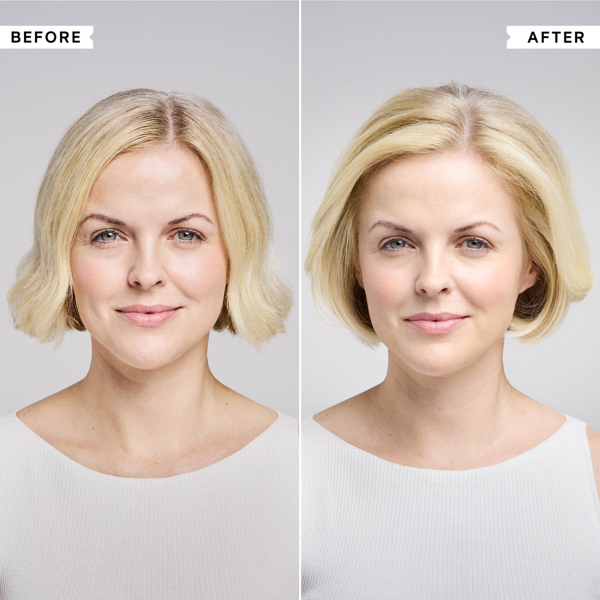 Before and after comparison of a woman with short blonde hair on a gray background