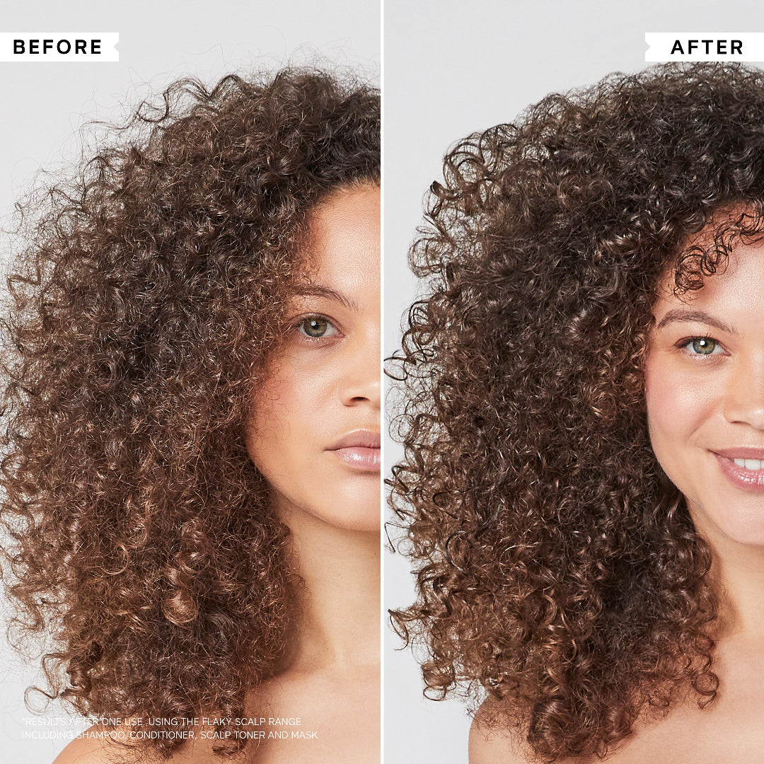 Before and after comparison of a woman's hair with curly hair, showing a positive transformation.
