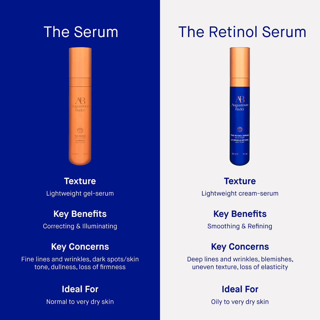 Two skincare serum products with their features and benefits displayed on a blue and white background.