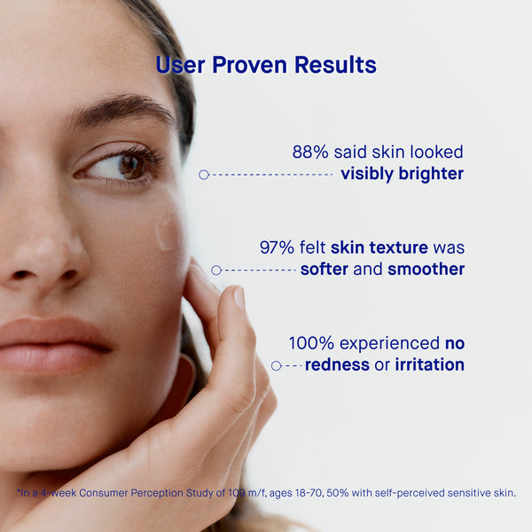 Woman touching her face with text about skin improvement results.