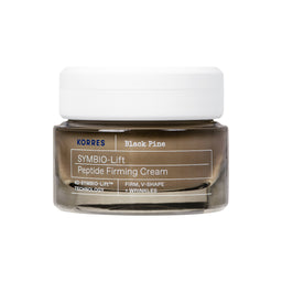 A jar of KORRES SymBio-Lift Peptide Firming Cream, featuring a dark brown translucent glass container and a white screw-on cap, shown against a plain white background.