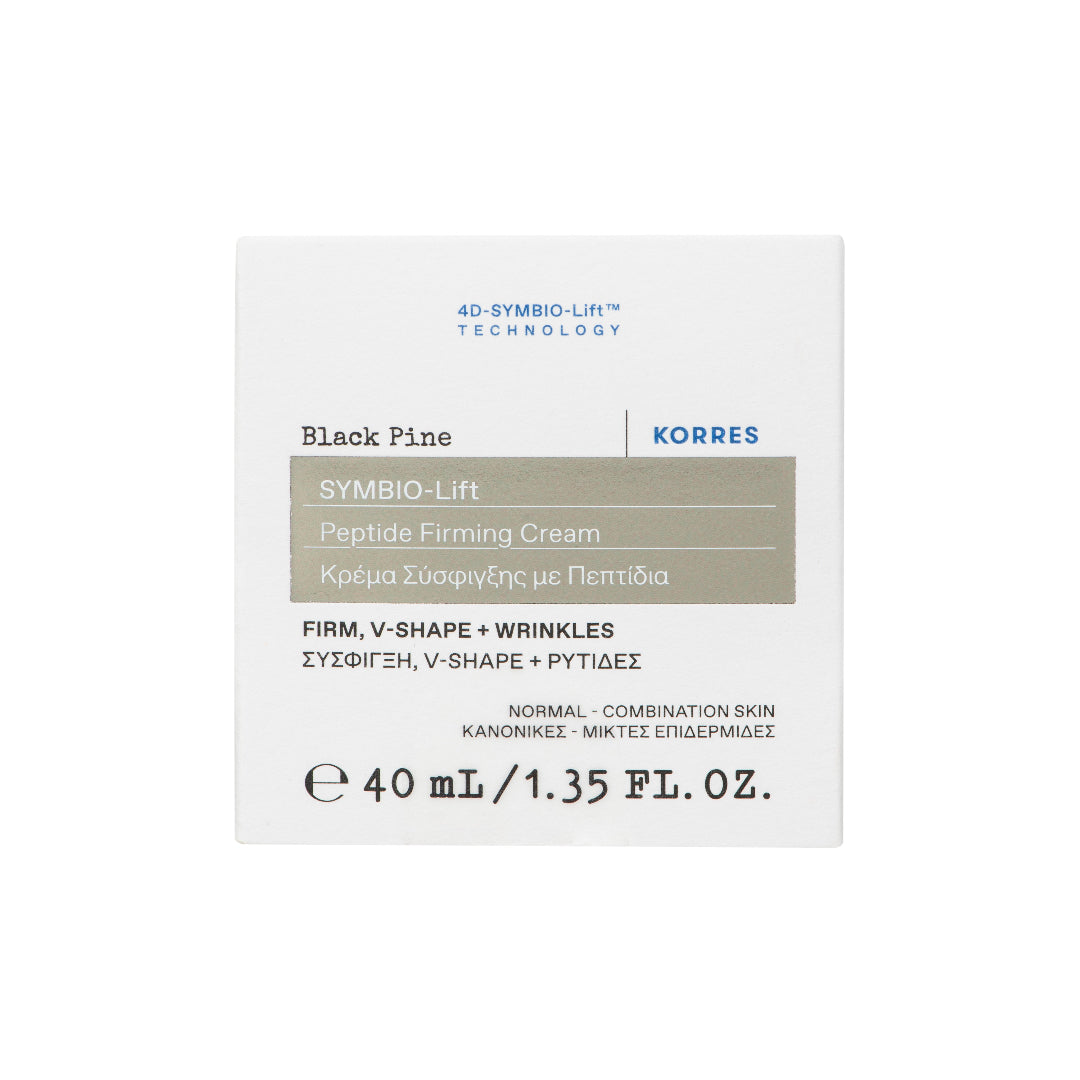 A square white skincare product box for Korres Symbio-Lift Peptide Firming Cream in Black Pine, featuring blue and gray text and a gray-beige product band.