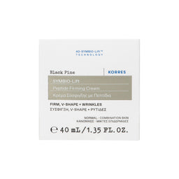 A square white skincare product box for Korres Symbio-Lift Peptide Firming Cream in Black Pine, featuring blue and gray text and a gray-beige product band.