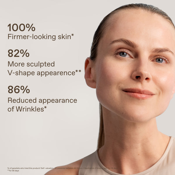 A close-up portrait of a woman with text on the left reading '100% Firmer-looking skin*', '82% More sculpted V-shape appearance**', and '86% Reduced appearance of Wrinkles*'. The image appears to be a skincare marketing graphic rather than a clean product shot, and no actual packaged product is visible.