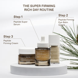 Three skincare products from RIMPOO LIFE are displayed on a white pedestal with text labels describing a three-step routine: Step 1 Peptide Super Serum, Step 2 Peptide Firming Eye-Balm Cream, and Step 3 Peptide Firming Cream. The products include a brown jar, a brown dropper bottle, and a white bottle, styled with pine branches on a clean white background.