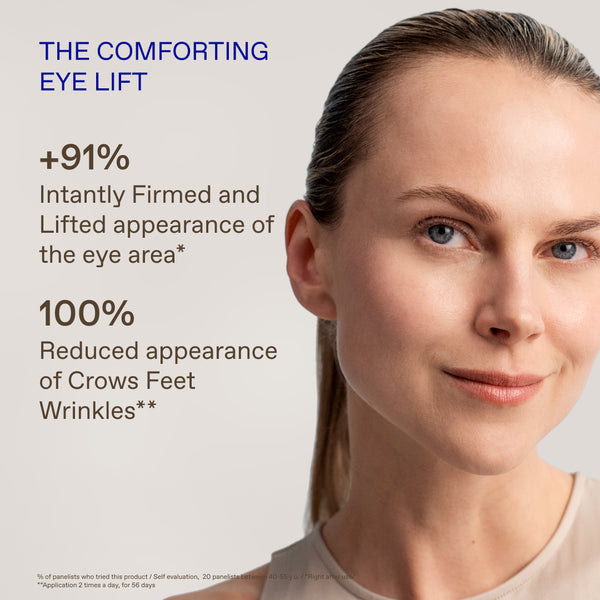 Close-up portrait of a woman with text on the left reading 'THE COMFORTING EYE LIFT' and claims about the eye area, on a light neutral background.