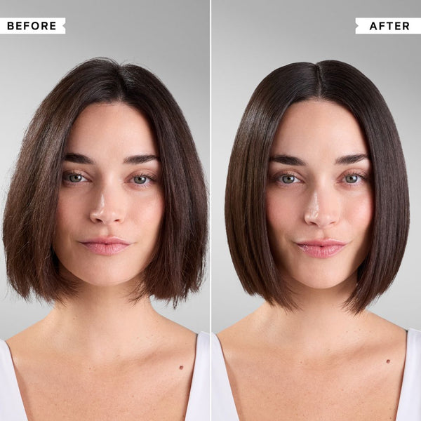 Before-and-after comparison of a woman's shoulder-length dark brown bob haircut, showing the natural textured look on the left and the smoother, more styled finish on the right.