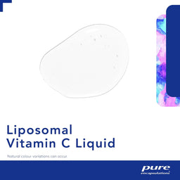 A clear, translucent liquid droplet on a white background, with text reading 'Liposomal Vitamin C Liquid' and a blue brand logo for pure encapsulations in the bottom right corner.