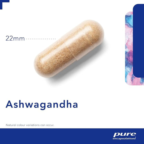A clear capsule containing tan-brown powder, labeled '22mm' and 'Ashwagandha,' on a white background with a blue 'pure encapsulations' logo at the bottom. A small colorful swatch appears on the right edge.