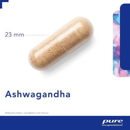 Ashwagandha supplement capsule with size indication on a white background