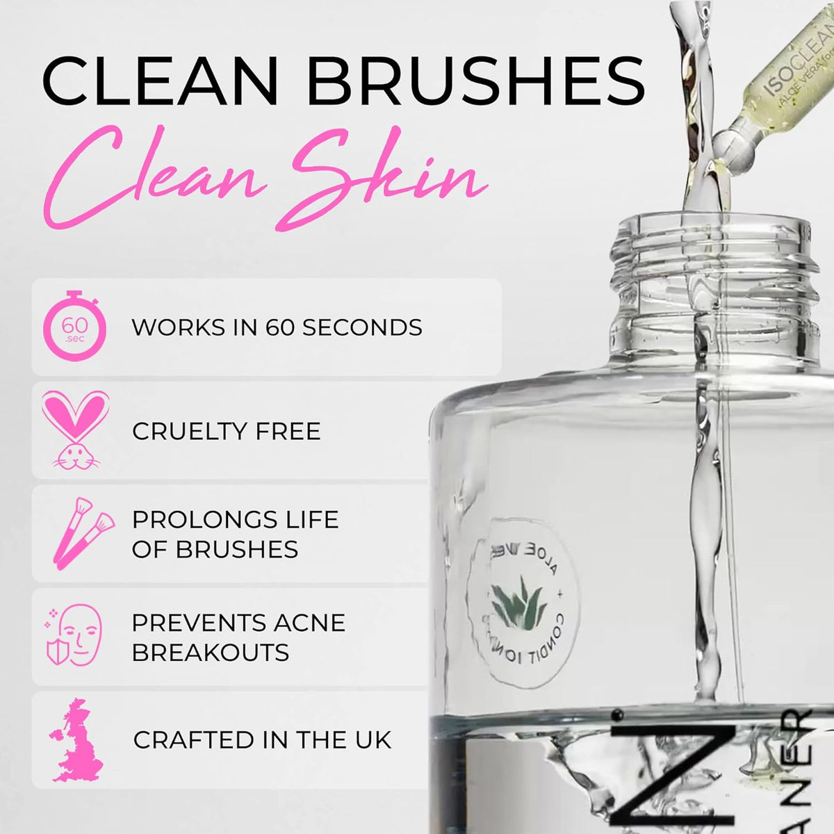 Clear bottle with a dropper labeled 'Clean Brushes Clean Skin' on a white background.