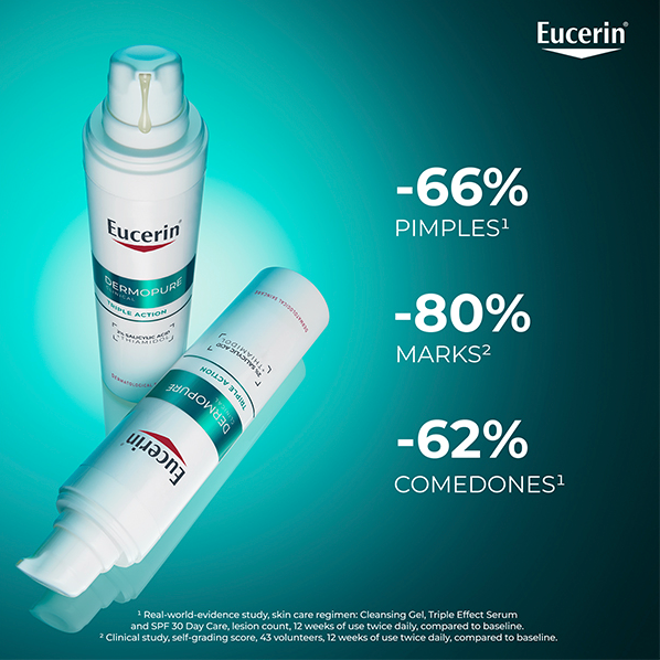 Eucerin skincare products with efficacy percentages on a green background