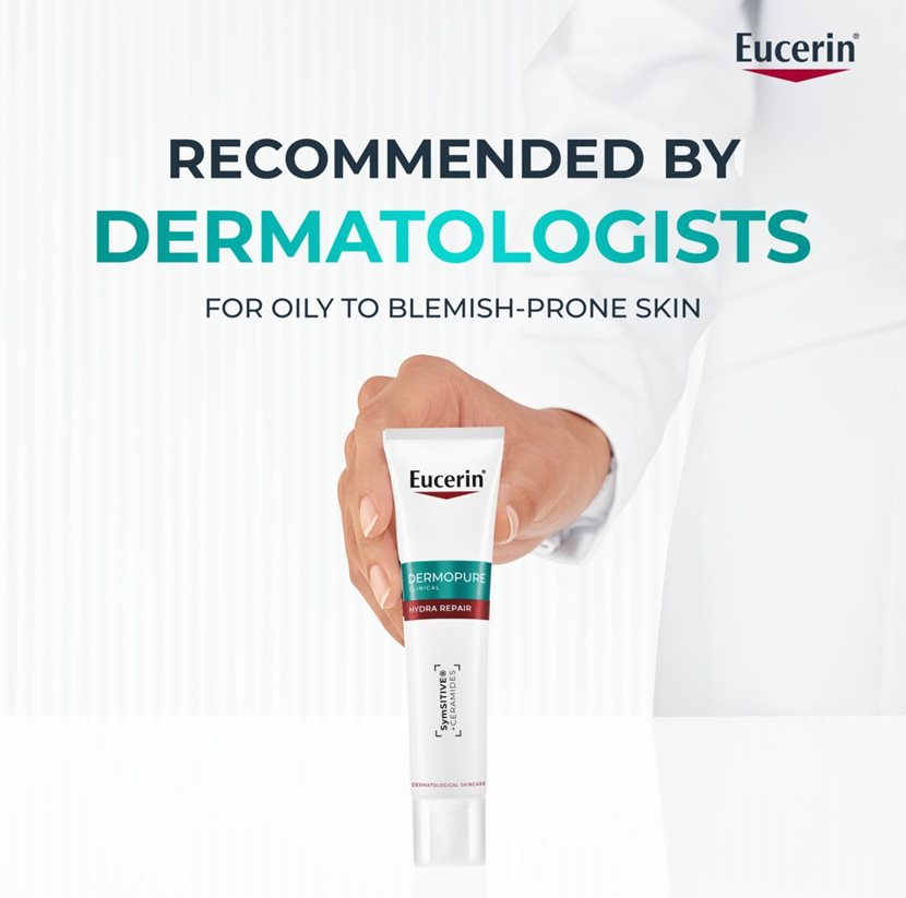 Eucerin Dermopure tube held by a person with text about dermatologist recommendation.