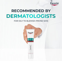 Eucerin Dermopure tube held by a person with text about dermatologist recommendation.