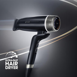 Black hair dryer with metallic accents on a dark background, featuring 'Ultra-Fast Hair Dryer' text.