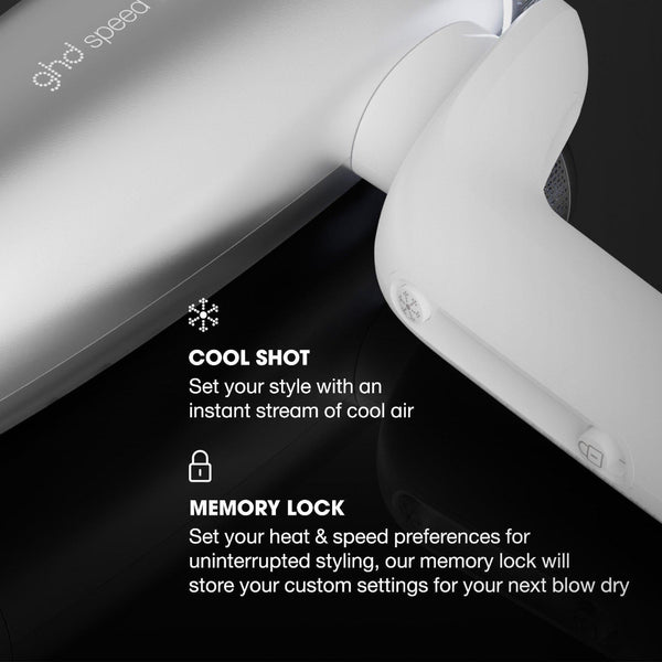 Hair dryer with features highlighted on a black background