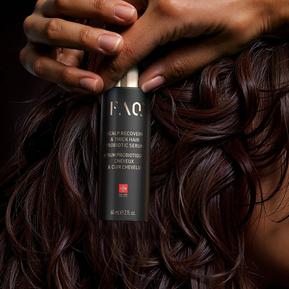 FAQs hair care product held against wavy hair