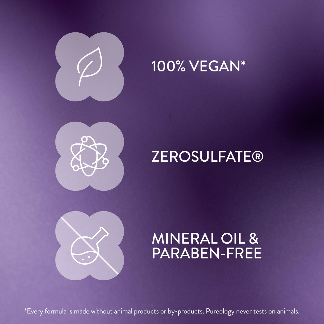 A purple promotional graphic with three white icons and text reading '100% VEGAN*', 'ZEROSULFATE™', and 'MINERAL OIL & PARABEN-FREE' on a dark purple background.