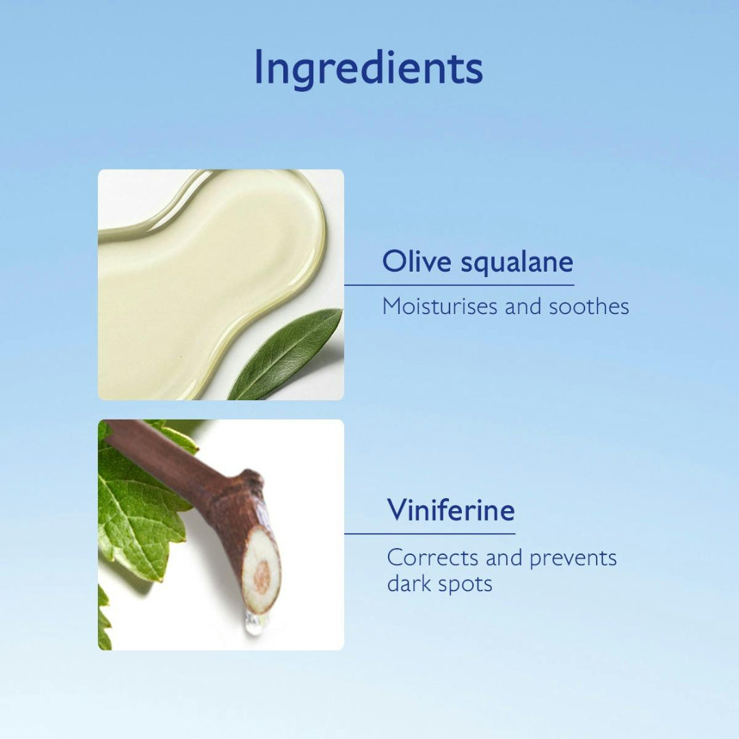 Ingredients list with images of olive squalane and viniferine on a blue background