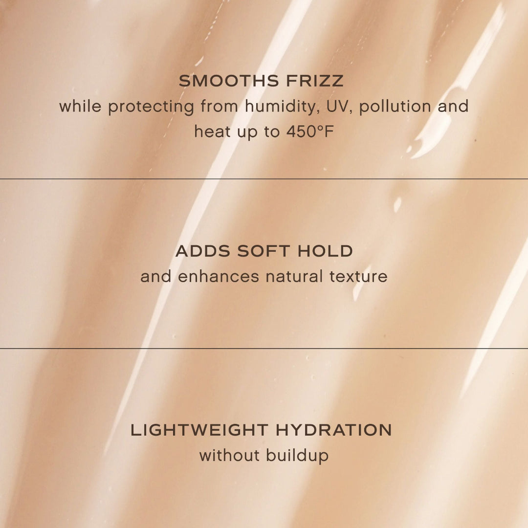 Text describing hair product benefits on a beige background