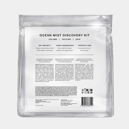 The back of a clear resealable pouch package labeled 'OCEAN MIST DISCOVERY KIT' on a light gray background.