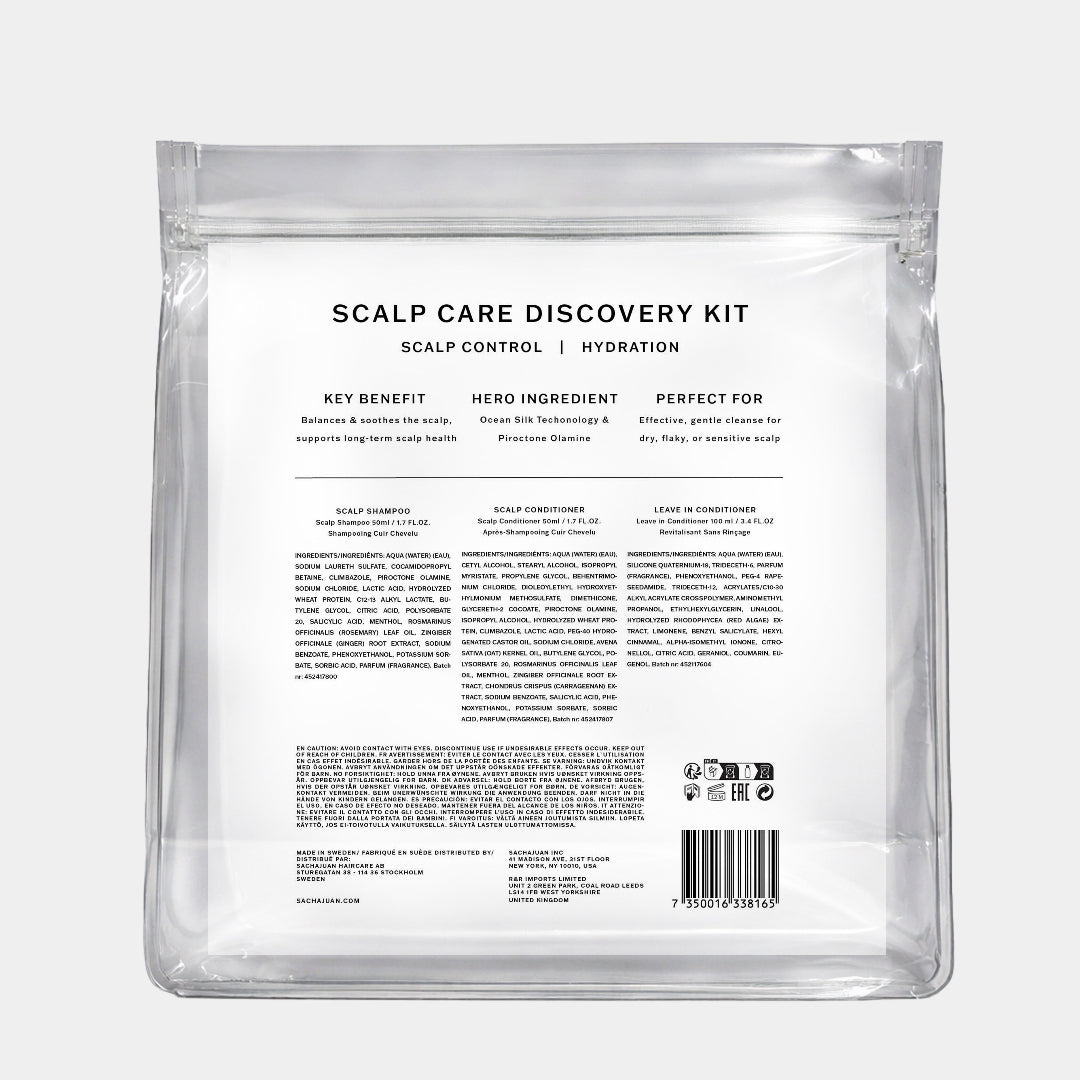 The back of a clear resealable pouch package labeled 'SCALP CARE DISCOVERY KIT' with black text and a barcode, shown on a light gray background.