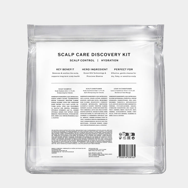The back of a clear resealable pouch package labeled 'SCALP CARE DISCOVERY KIT' with black text and a barcode, shown on a light gray background.
