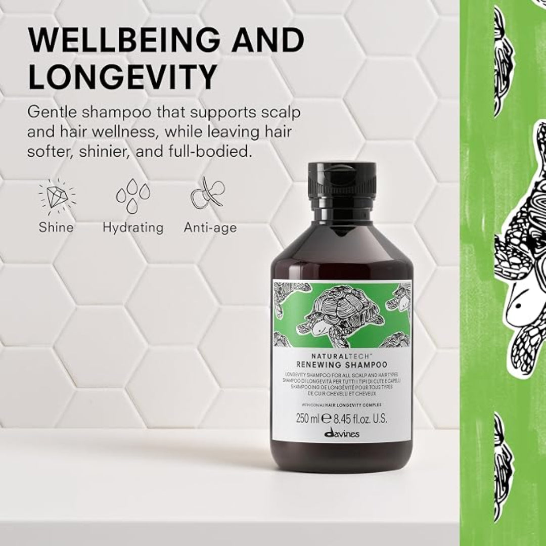 A bottle of Devines Naturalsk Renewing Shampoo centered on a clean white background with decorative text on the left and a green patterned side panel. The product is an amber glass bottle with a black cap and a white-and-green label.