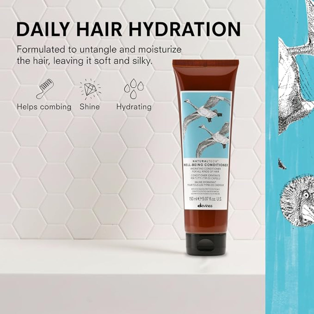 A squeeze tube of d'Orsayo Naturals Daily Hair Hydration Mid-Range Conditioner stands on a white surface against a white hexagonal tile wall with promotional text on the left and a turquoise decorative strip on the right.