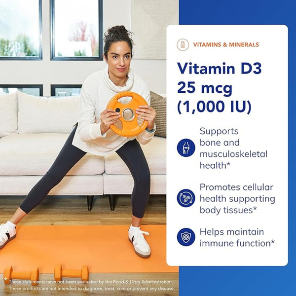 Woman exercising with a weight plate in a living room, vitamin D3 supplement information overlayed on the right.