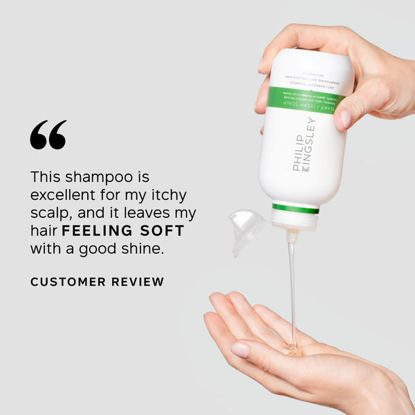 A hand holds a bottle of Philip Kingsley shampoo while another hand receives the clear shampoo gel. The left side features a customer review quote on a light gray background.