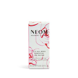 NEOM essential oil blend packaging with floral design on a white background